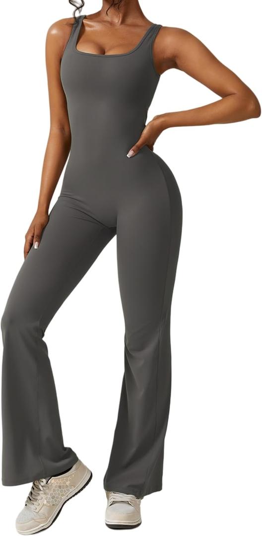 Yknktstc Womens Sleeveless Flare Jumpsuits Sexy Backless Tank Tops Bodycon Scrunch Butt Yoga Rompers V Back Catsuit (Small, Deep Gray)