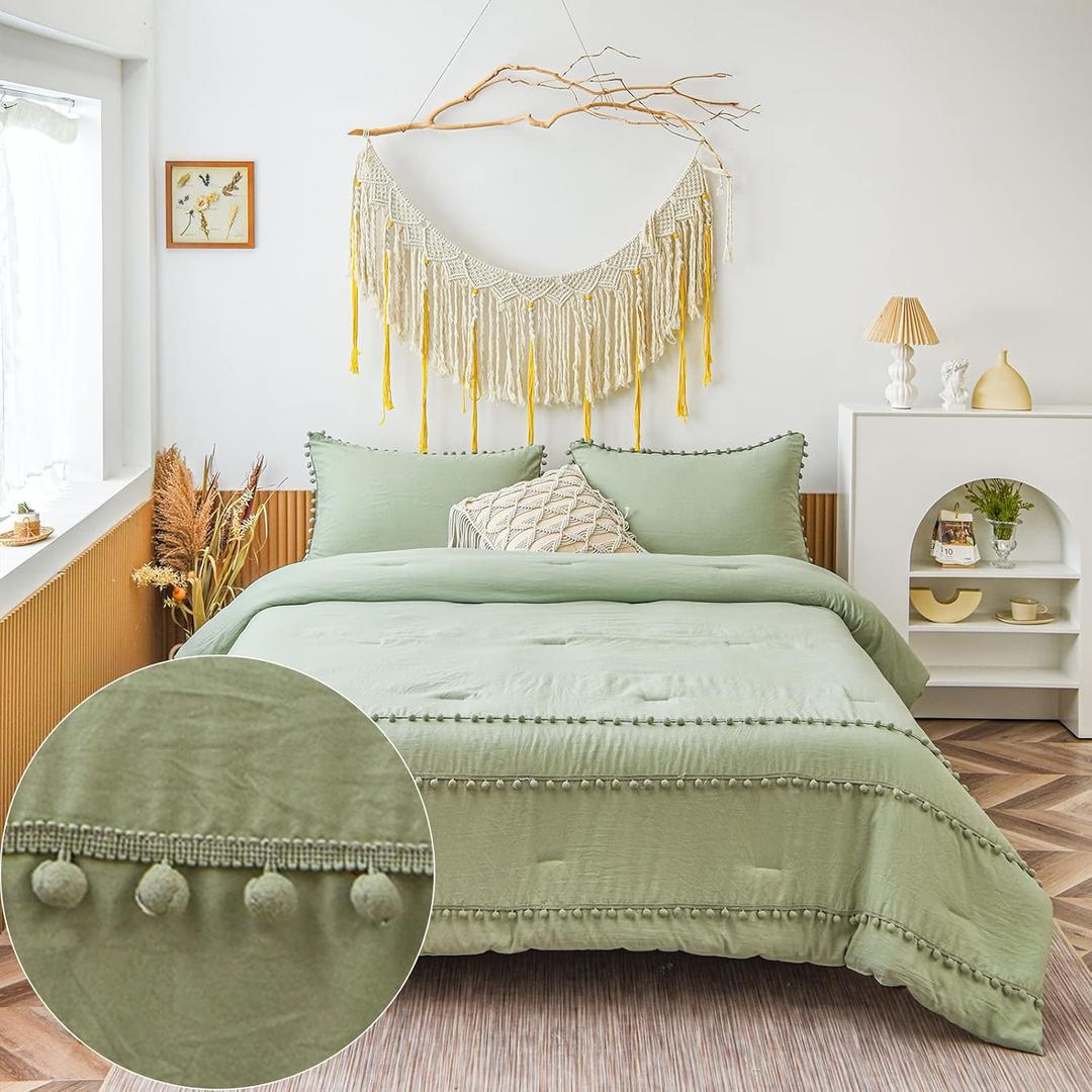 Merryword Sage Green Pom Pom Comforter Set Green Comforter Triple Green Ball Fringe Design Chic Boho Balls Down Alternative Comforter Boys Girls Bedding King 1 Duvet 2 Pillowcases
