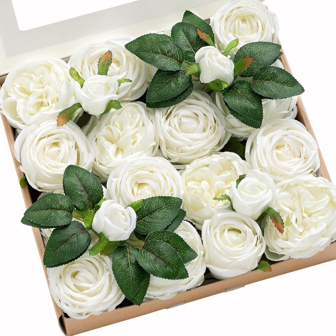 Ling's Moment Artificial Flowers Silk Austin Roses Silk Flowers Fake Roses w/Stem for Wedding Bouquets Centerpieces Party Home Decoration (Ivory)