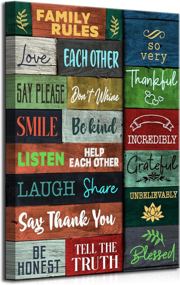 Family Rules Canvas Wall Art Inspirational Family Quotes Paintings Pictures Wall Decor Poster Prints Artwork for Office Bedroom Living Room Wall Decoration