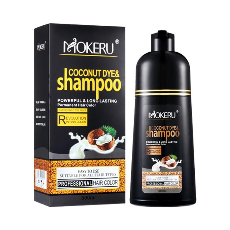 MOKERU Coconut Oil Black Hair Dye Shampoo 3 in 1 for Gray Coverage Color Shampoo for Women Men Semi-Permanent