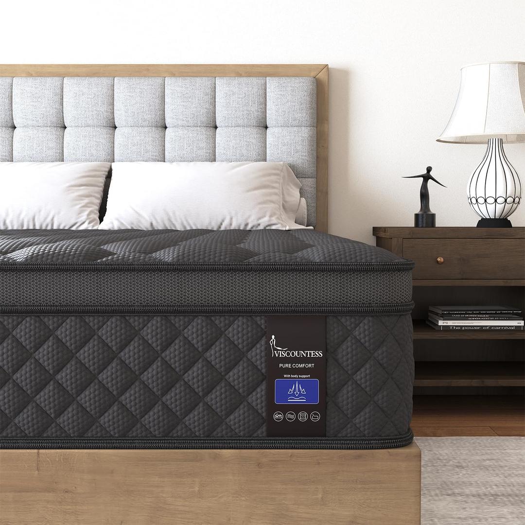 Full Mattress, 14 Inch Hybrid Mattresses Euro Top Medium Firm for Back & Lumbar Support, 100 Night Trial, Individual Pocket Spring Bed for Motion Isolation & Pressure Relief (Black/Grey)