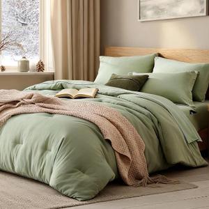 WRENSONGE King Size Comforter Set- 7 Pieces Soft Sage Green Bed in a Bag King with Fitted Sheet, Flat Sheet, 2 Pillow Shams, and 2 Pillowcases- Warm Bed Set for All Season