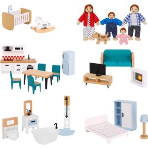 Wooden Dollhouse Furniture Set for Kids, 26 Pcs Dollhouse Accessories with 4 Family Dolls and Dog, Miniature Doll House Furniture Toys Pretend Play Set for G irls Boys Age 3+