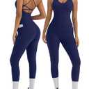 OMKAGI 2 Piece Workout Sets for Women Padded Workout Tops Booty Leggings with Pockets Gym Sets (X-Small, Navy Blue)