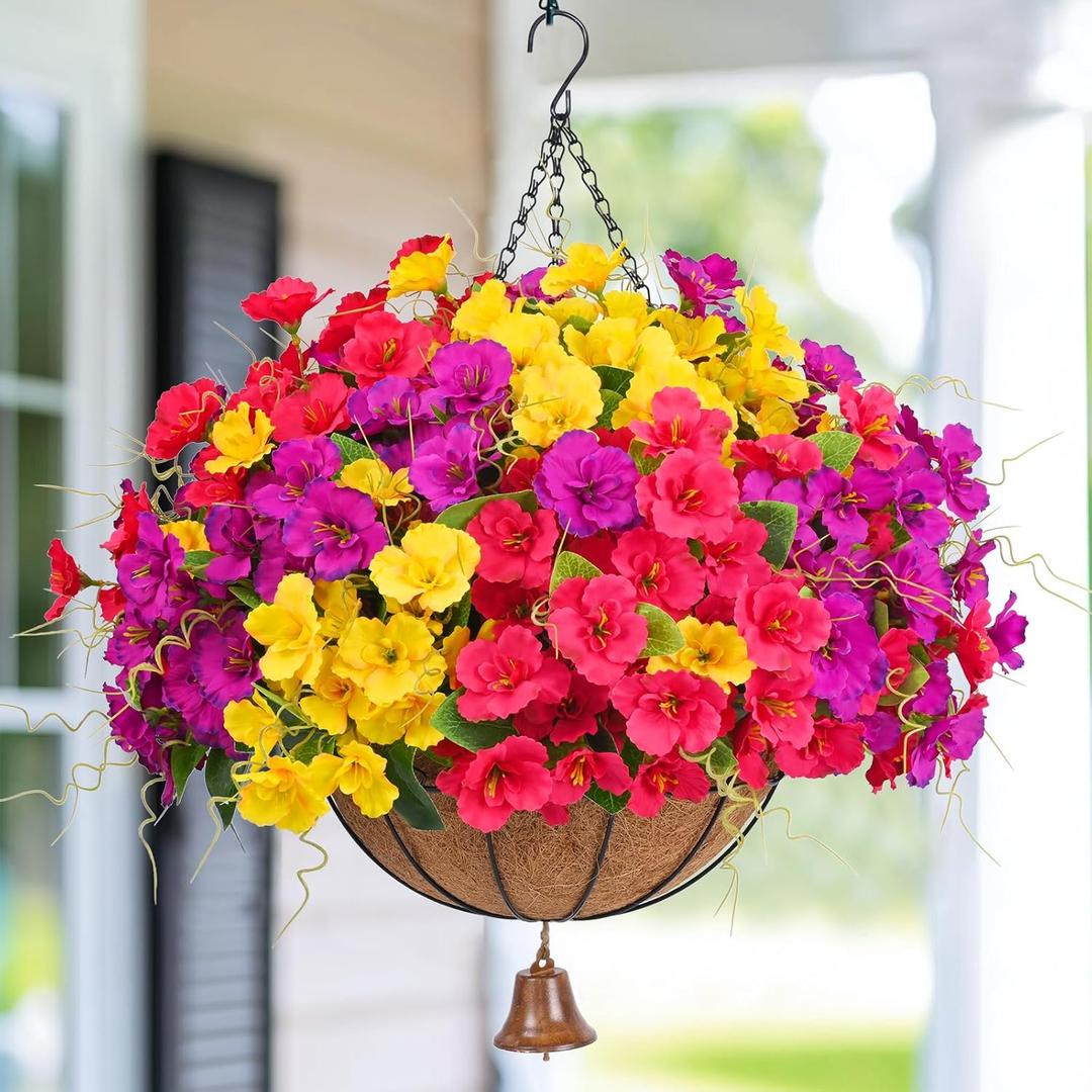 Dolicer Look Real Artificial Hanging Flowers for Outdoors, Realistic Artificial Flowers for Outdoors with Basket UV Resistant Fake Hanging Flowers Plants for Outdoor Porch Deck Patio Balcony Garden (1 Pack, Purple-yellow-red)