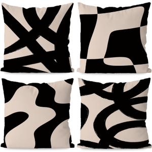 KEUSPI Black and Beige Throw Pillow Covers, Black Pillow Covers for Couch Home Decor Boho Modern Abstract Decorative Couch Pillow Covers for Living Room 22x22 Set of 4