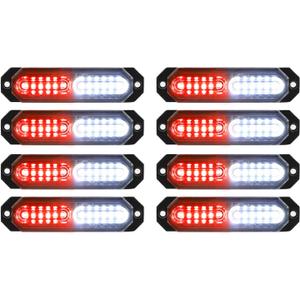 ASPL 8pcs Sync Feature Ultra Slim 12-LED Surface Mount Flashing Strobe Lights for Truck Car Vehicle LED Mini Grille Light Head Emergency Beacon Hazard Warning Lights (Red/White)