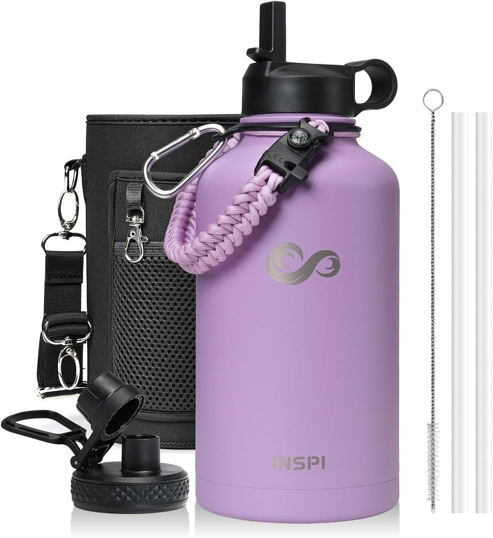 64oz Insulated Water Bottle with Paracord Handle, INSPI Half Gallon Stainless Steel Water Bottle with Straw, Sports Water Jug with Carry Pouch and Carabiner for School & Hiking, Keep Cold Hot, Purple