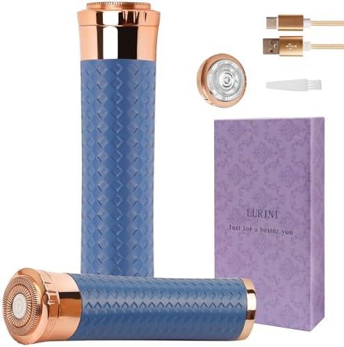 Lurini Facial Hair Remover for Women, Painless Rechargeable Hair Removal Device, Comes with 2 Replacement Heads, Portable Electric Shaver/ Razors for Face, Chin, Upper Lip, arms and Peach Fuzz (Blue)