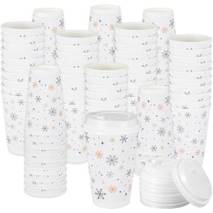 100 Pcs 16 oz Christmas Coffee Cups with White Lids Snowflake Disposable Paper Cups Bulk Insulated Hot Cocoa Cup for Tea Beverage Picnics Family Gatherings Xmas Holiday Party Supplies