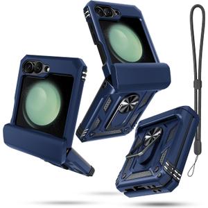 Janmitta Compatible with Samsung Galaxy Z Flip7 FE/Samsung Galaxy Z Flip 6 Case +Hinge Protection+Ring Kickstand,Heavy Duty Full Body Phone Cover with Wrist Strap Lanyard, Blue