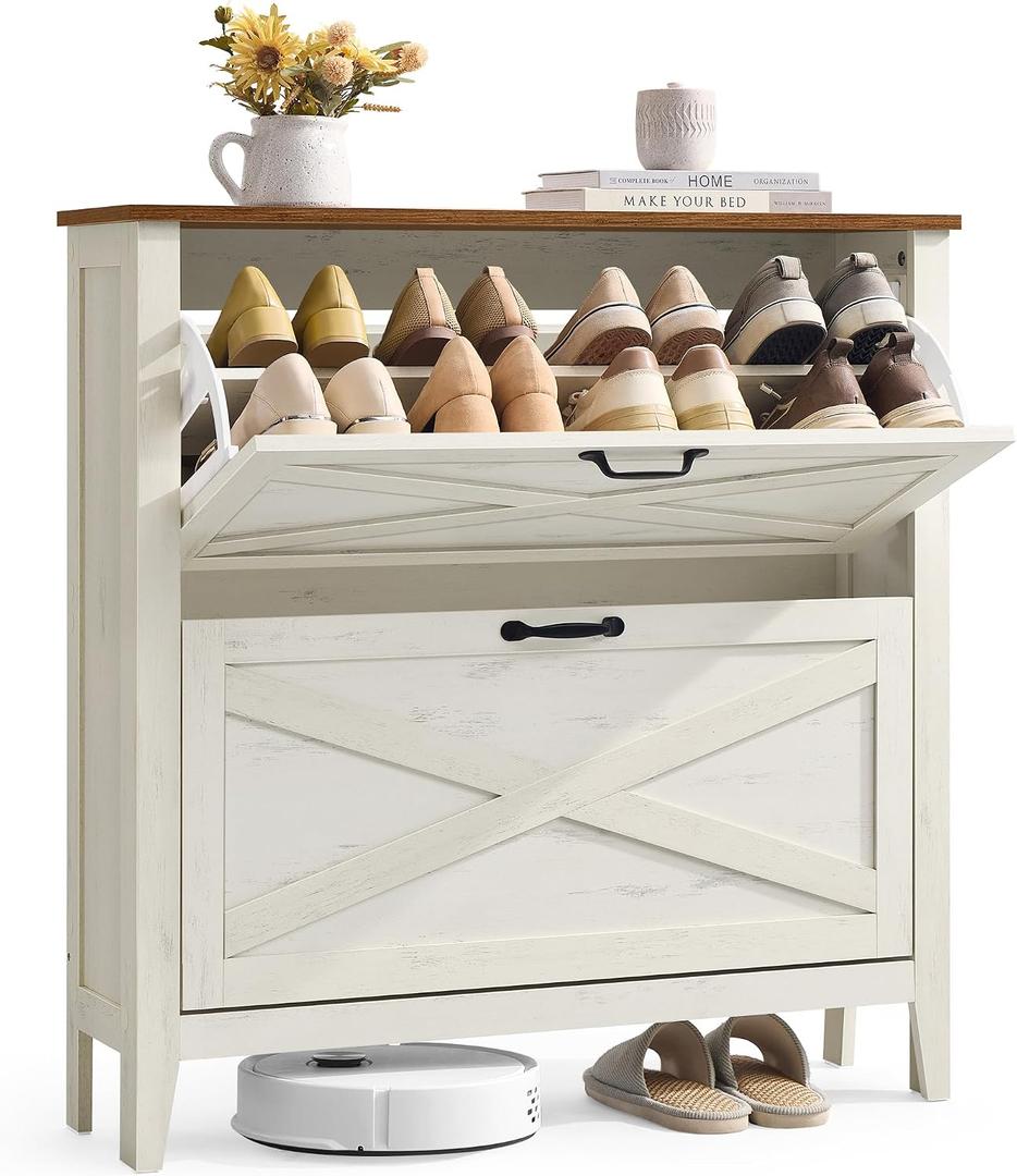 VASAGLE LIRY Collection - Shoe Storage Cabinet Organizer with 2 Flip Drawers, Freestanding Narrow Shoe Rack Cabinet for Entryway, Farmhouse Style, Fits 12 to 16 Pairs, Rustic White UHSC201W01, 9.4"D x 34.3"W x 34.6"H