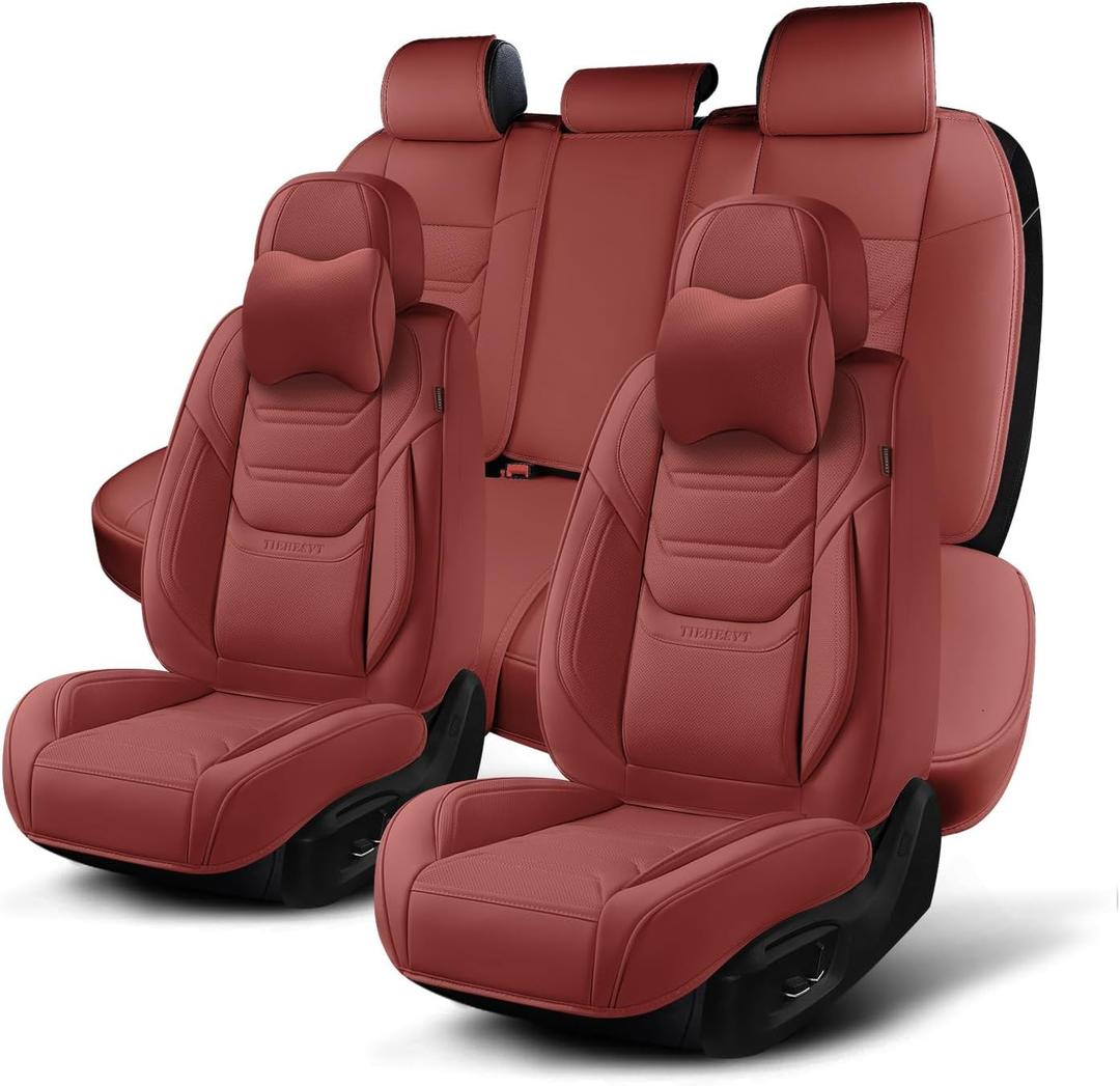 TIEHESYT Wine Red Car Seat Covers Full Set, Breathable Leather Automotive Front and Rear Seat Covers & Headrest for Comfortable Driving, Universal Auto Interior Fit for Most Kinds of Vehicles, Cars