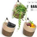Fabric Wall Hanging Baskets 3 Pack - Woven Storage Organizers with Adhesive Hooks, Boho Style Wall Mounted Pouches for Home Kitchen Door (Large, Khaki & Dark brown)