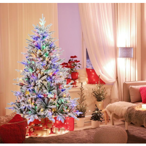 Total Tactic CM24756US-M 6 ft. Flocked Christmas Tree with 8 Lighting Modes & Multi Color LED Lights