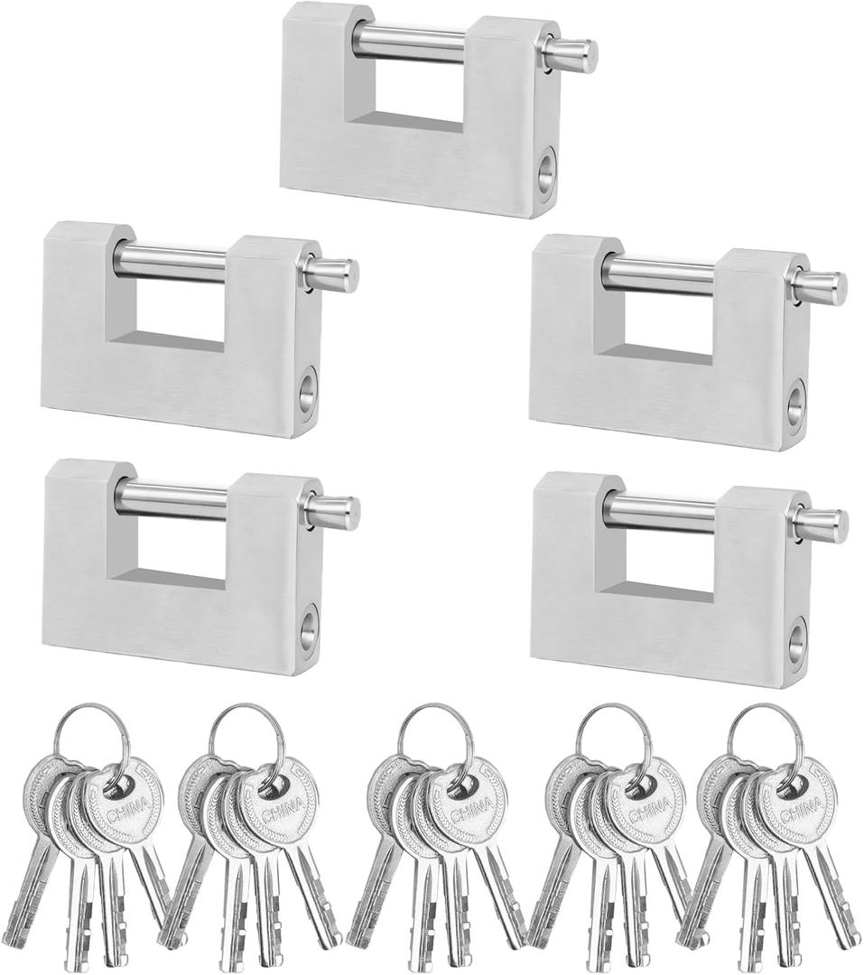 5 Pcs Heavy Duty Lock with Stainless Steel Keys Silver D Shaped Padlock for Garage, Motorbike, Shipping Container, Warehouses and Iron Doors
