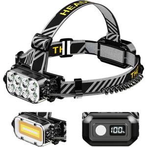 Headlamp for Running, Emergency, Outdoor Activities, 360 Rotating, Digital Power Display Head Lamps, Super Bright 8 LED + 3 COB Headlight with Red Light, Waterproof Flashlight