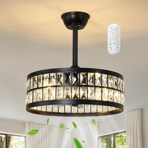KAISITE Black Caged Ceiling Fan with Light and Remote Control 19" Bladeless Crystal Modern Fandelier Semi Flush Mount Farmhouse Chandelier Ceiling Fan for Kitchen Bedroom Dining Room, Large