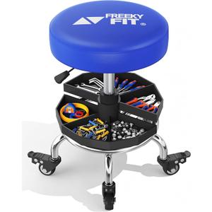 Rolling Shop Stool with Wheels, Mechanics Garage Work Stool, Blue Rolling Stool Chair for Workshop, Adjustable Height, 360°Swivel Removable Tool Tray, Low Roller Padded Seat,300 LBS, Heavy Duty