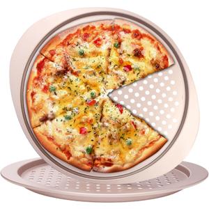 Pizza Pan Set, Nonstick Pizza Pan with Holes 13 Inch, Heavy Duty Round Perforated Pizza Tray Oven Safe, Even Heat for Crispy Homemade Pizza, Easy to Clean, Set of 2, Gold