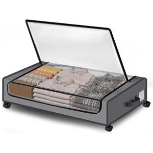 Under Bed Storage with Wheels 1 Pack Under Bed Storage Container with Clear Lid & Handles Rolling Under Bed Metal Drawer Under the Bed Storage Bin for Clothes Shoes Toys Blankets Grey