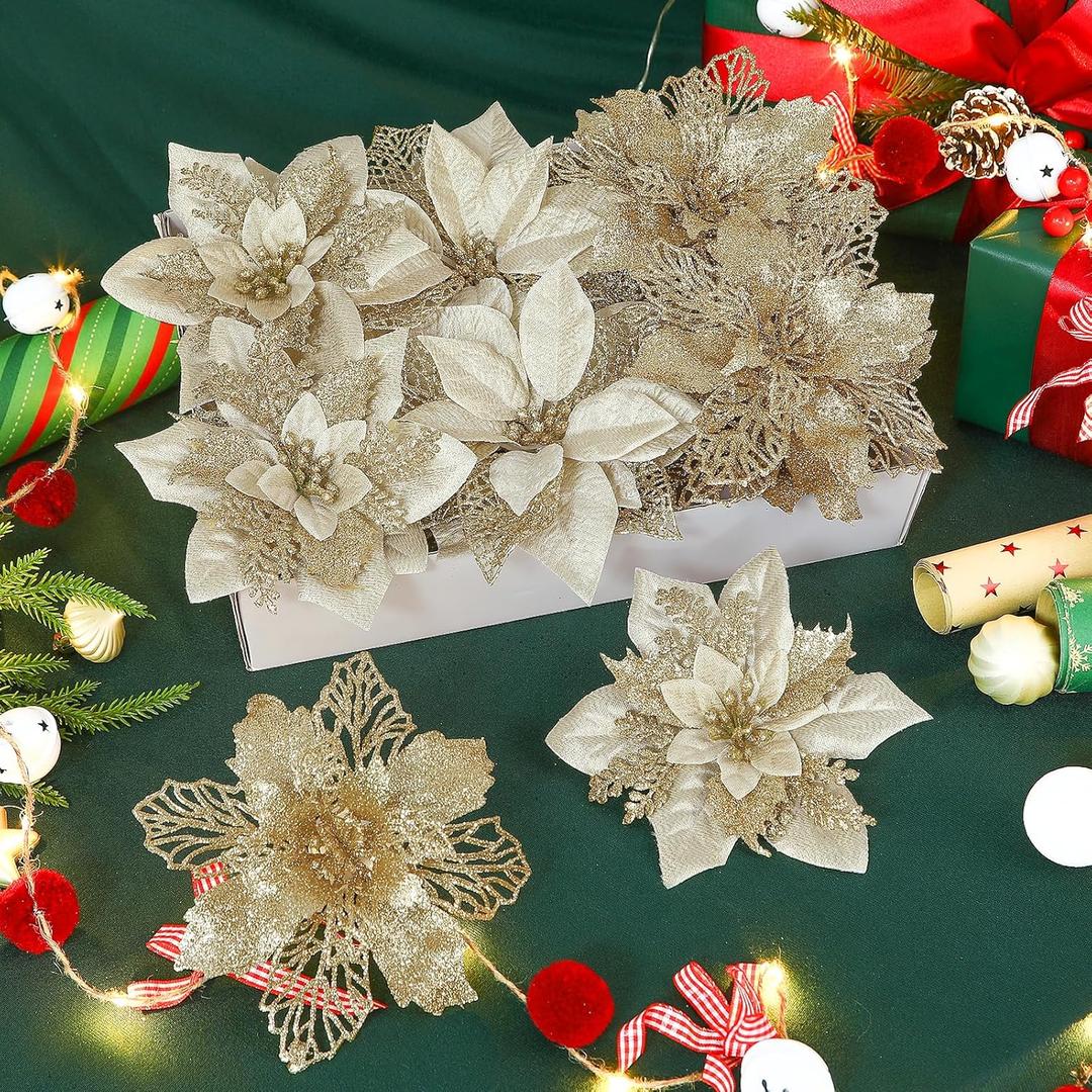 Alupssuc 24 PCS 3 Styles 6'' Poinsettia Christmas Flowers Artificial, Glitter Artificial Flower, Christmas Decorations for Xmas Tree Party Wreath Fireplace, New Year Ornaments, Champagne Gold