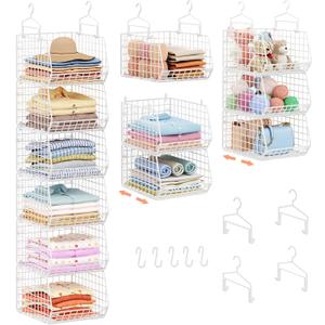 6 Tier Extended Depth Hanging Closet Organizer, Closet Storage Hanging Shelves with Hanging Hooks for Clothes Sweaters Towels Handbags, Stackable Metal Mesh Bins For Closet, Laundry, Bathroom, Dorm