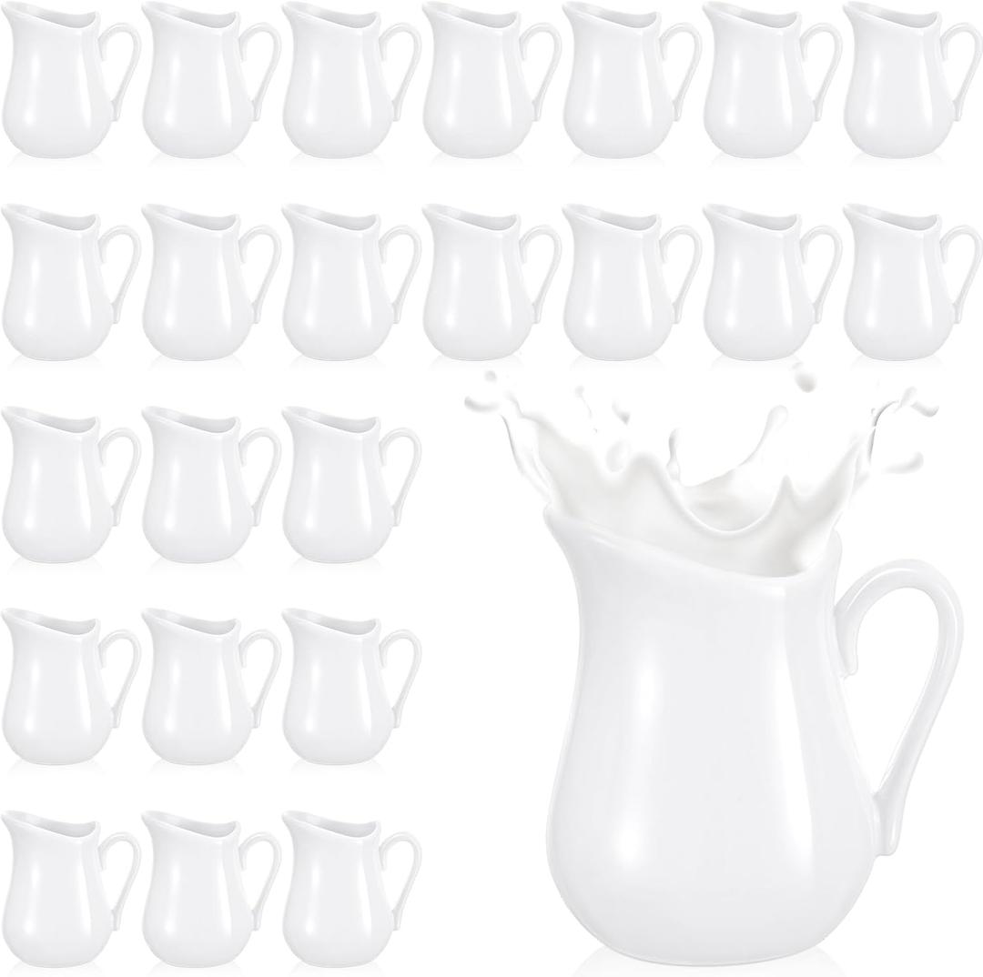 Nuanchu 24 Pcs 4.5 oz Small Creamer Milk Pitcher, Classic White Porcelain Creamer with Handle, Ceramic Maple Syrup Dispenser, Coffee Dairy Container for Milk Sauce Salad, Microwave (EXP 10/07/26)