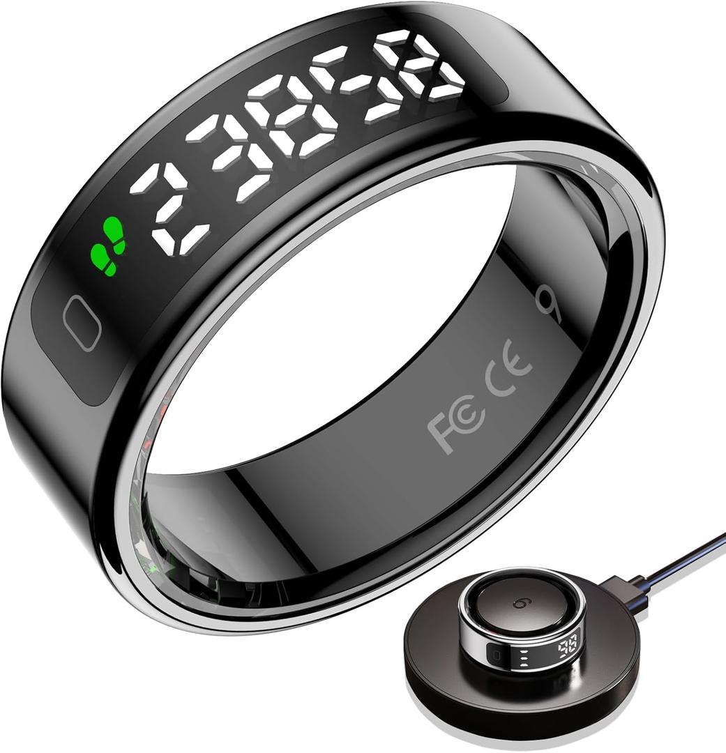 Smart Ring with LED Display Screen,Sleep&Fitness Tracking Wearable for Women/Men,Accurate Monitoring of Pedometer, Heart Rate,Blood Oxygen (R11, Black, 10)