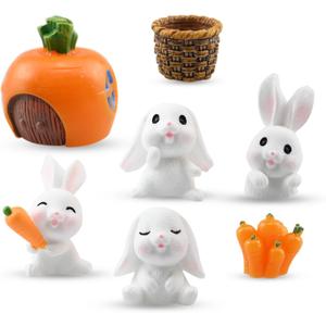 7 PCS Mini Bunny Cake Toppers, Bunny Cake Decorations, Cute Resin Rabbits Figurine for Kids, DIY Miniature Landscape Decorations, Birthday Party Gifts Decor Supplies