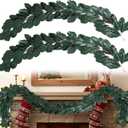 2 Pcs 6 FT Magnolia Leaf Garland Artificial Christmas Green Realistic Garland for Mantle Decorations Natural Faux Magnolia Leaves for Christmas Thanksgiving Wedding Decor(Without Lights)