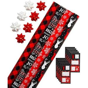 2 PCSAmerican Greetings Buffalo Plaid Christmas Wrapping Paper Set, Red and Black Holiday Gift Wrap (120 sq. ft., 4 rolls-30 in. x 12 ft., 7 Adhesive Bows, 30 Gift Tag Stickers) Snowflakes and Reindeer