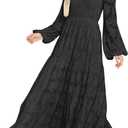 MITILLY Women's Elegant Floral Long Sleeve Round Neck Smocked A-Line Flowy Tiered Maxi Dress with Pockets (Large, Black)