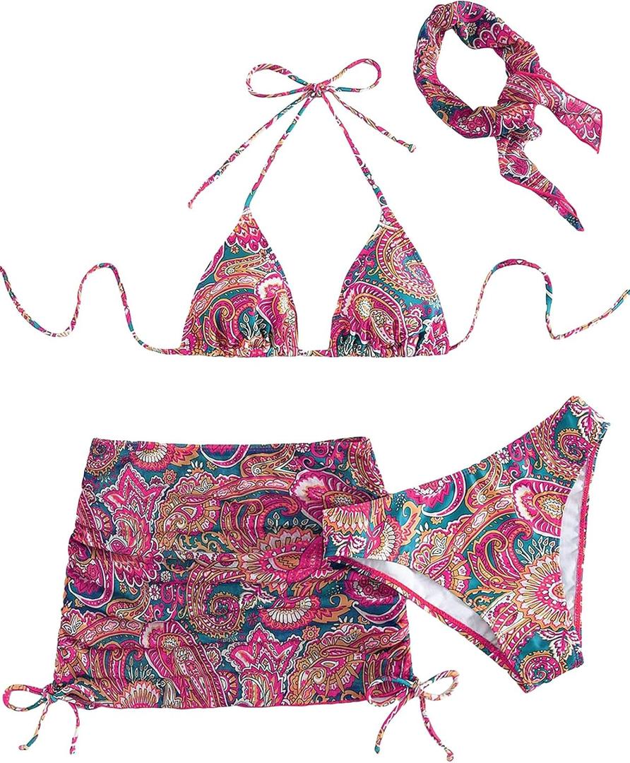 SHENHE Women's 4 Piece Paisley Swimsuit Halter Tie Back Sexy Triangle Bikini Sets with Cover Up (Large, Red)