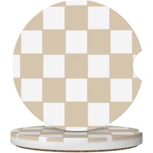 Brown White Checkered Car Cup Coaster 2 Pack Ceramic Absorbent Car Coasters 2.56 Inch Non-Slip Car Cup Holder Interior Car Accessories for Women Girls Cup Mats with Cork Base and Finger Notch