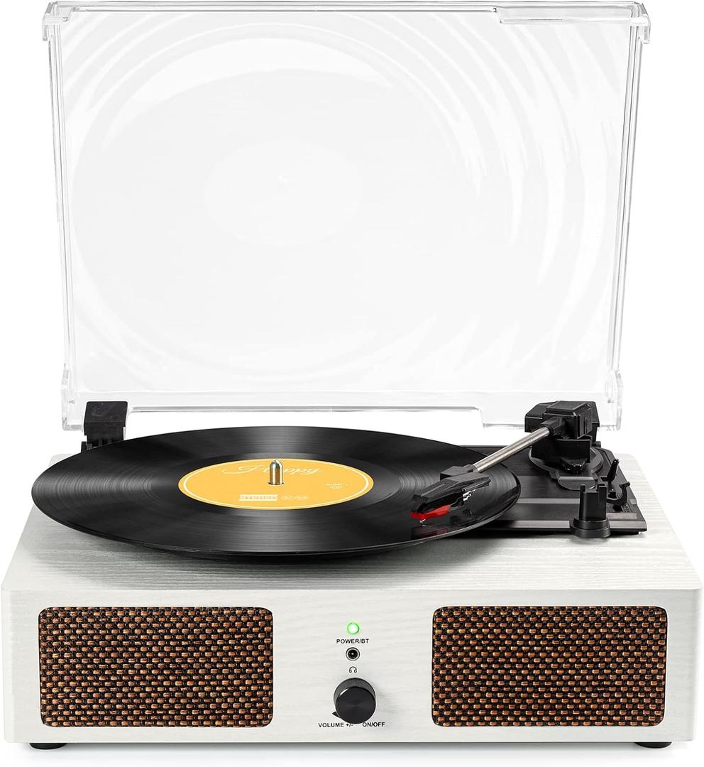 Vinyl Record Player with Build in Speakers Vintage Portable Turntable Supports Bluetooth Receiver USB Input,AUX Input,RCA Line Out,3 Speed and Headphone Jack Wooden White
