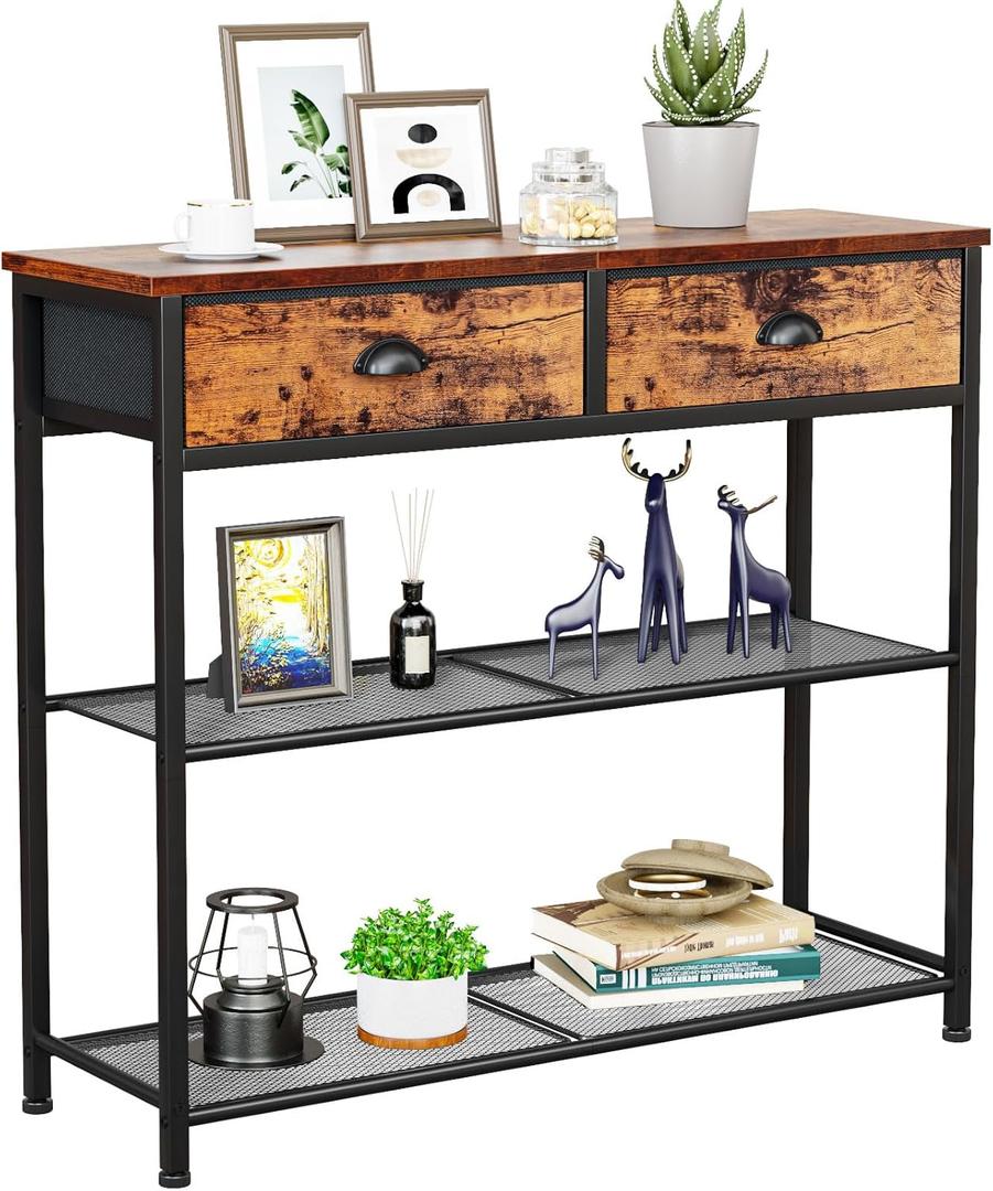 Furologee Console Sofa Table with Storage Shelf for Entry Way, Small 30'' Entryway Table with 2 Fabric Drawers, Industrial Display Shelves for Hallway, Entrance, Foyer, Rustic Brown (30.7 inch)