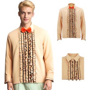 Mens Ruffled Tuxedo Shirt Retro Tuxedo Shirts Dumber 90s Prom Retro Shirts with BowTie Halloween Cosplay (Beige, XXXL)