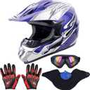 Adult Motocross Dirt Bike Helmet with Goggle, Gloves & Mask - DOT/FMVSS-218 Off-Road Motorcycle & ATV Helmet with Adjustable Sun Visor (X-Large, New Blue Flame)