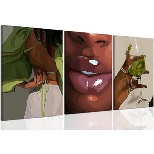 Trendy Black Girl Wall Art Set of 3, African American Woman Canvas Painting Fashion Abstract Black Women Wall Decor Home Aesthetic Poster Prints for Living Room Bedroom Bathroom 12x16 Inch Framed (16L"x12W", Green)