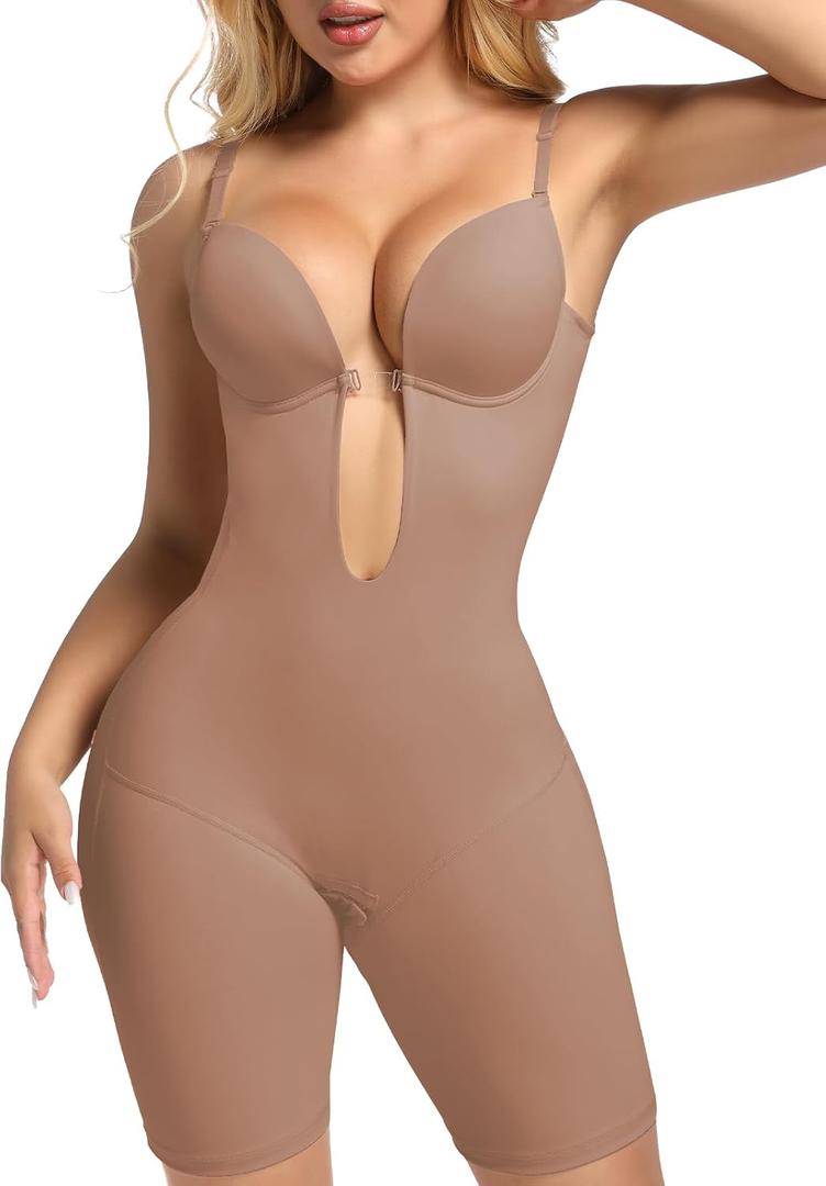 Decorus Backless Plunge Shapewear Bodysuits - Women Low Back Body Shaper ：Full Body Tummy Control Built in Bra With Plunge (Beige, XXL)