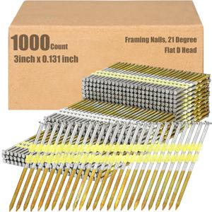 Therwen Framing Nails, 21 Degree, Flat D Head, Galvanized, Ring Shank, Plastic Row Fixed, 21 Degree Framing Nails for Use in All Pressure Treated Lumber (1000 Count,3 Inch x 0.131 Inch)