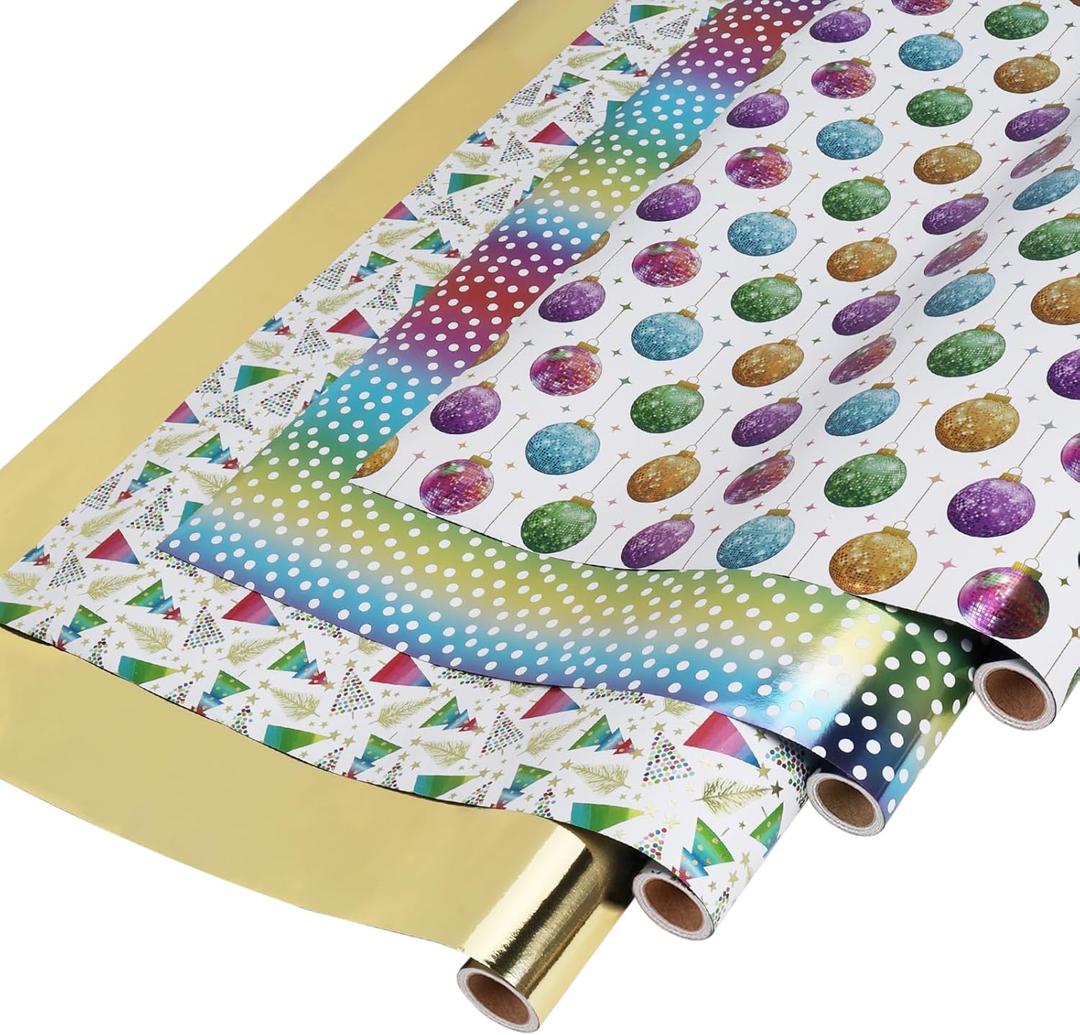 LaRibbons Christmas Wrapping Paper Set, Neon Ball/Colorful Dots/Colorful Trees Gift Wrap for Holiday, Xmas, Season Party, with 2 Trimming & 3 Gift Tags, 30 Inch X 10 Feet (4Rolls, 100 sq.ft.ttl.)