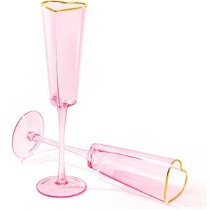 2 Pack Wedding Heart Shaped Champagne Flutes Pink Coupe Martini Glasses Cocktail Toasting Glasses Drink Cooler, Cups with Gold Rim for Bridal Shower Celebrations Girl Birthday Party Supplies(Retro)