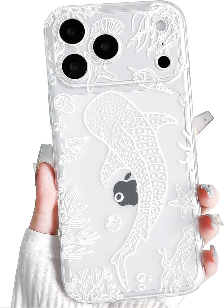 NITITOP Compatible with iPhone 17 Pro Case Clear Cute Shell Whale Sea Ocean Animal Pattern for Women Girls Full Camera Lens Slim Shockproof Protective Phone Cover - White Fish