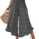 OYOANGLE Women's Polka Dots Flowy Palazzo Pants High Waisted Ruffle Wide Leg Cropped Trousers (Medium, Black)