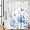 No Hook Blue Flower Hydrangea Shower Curtain with Snap in Fabric Liner Set, White Floral Butterfly Double Layers Waterproof Fabric with See Through Window Bath Curtain 71x74 Inch
