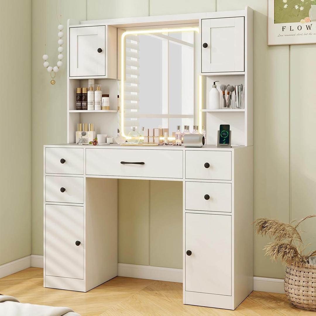 CHARMAID Vanity Desk with Mirror and Lights, White Makeup Vanity Desk with 5 Drawers, 4 Cabinet & 3 Shelves, Charging Station, 3 Color Lighting Modes, Vanity Dressing Table for Bedroom