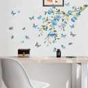 Flower Wall Decals Tree Branch Wall Stickers Peel and Stick Removable DIY Floral Butterflies Wall Decals Tree Leaves Plant Wall Art Stickers Murals for Home Wall Decor (Blue)